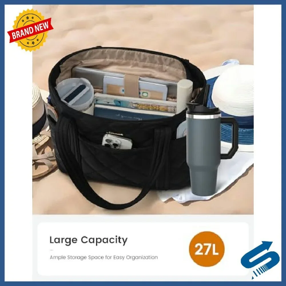 Quilted Puffer Tote Bag with 11 Pockets for Work Travel Laptop